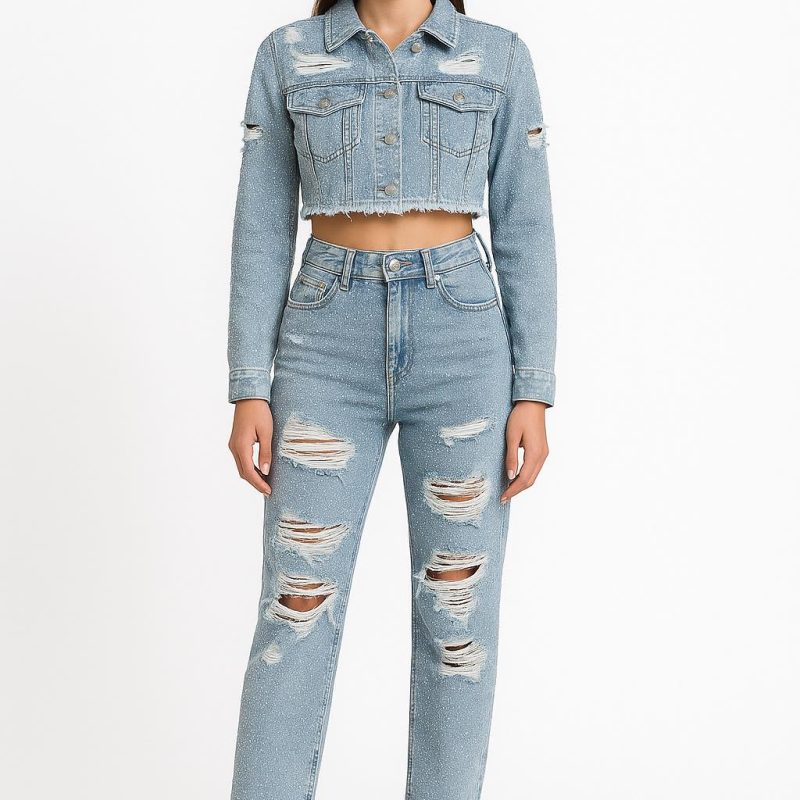 Compleu DENIM cu strasuri (geaca + blug) cod 00295